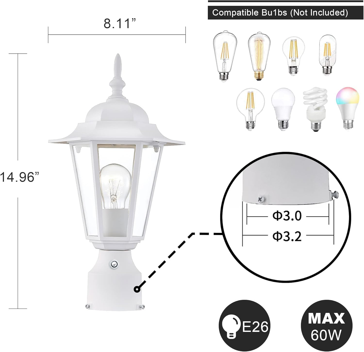 Outdoor Post Lights Dusk To Dawn, Lamp Post Light Fixture With E26 Socket, White Exterior Post Lantern With Clear Glass Shade, P