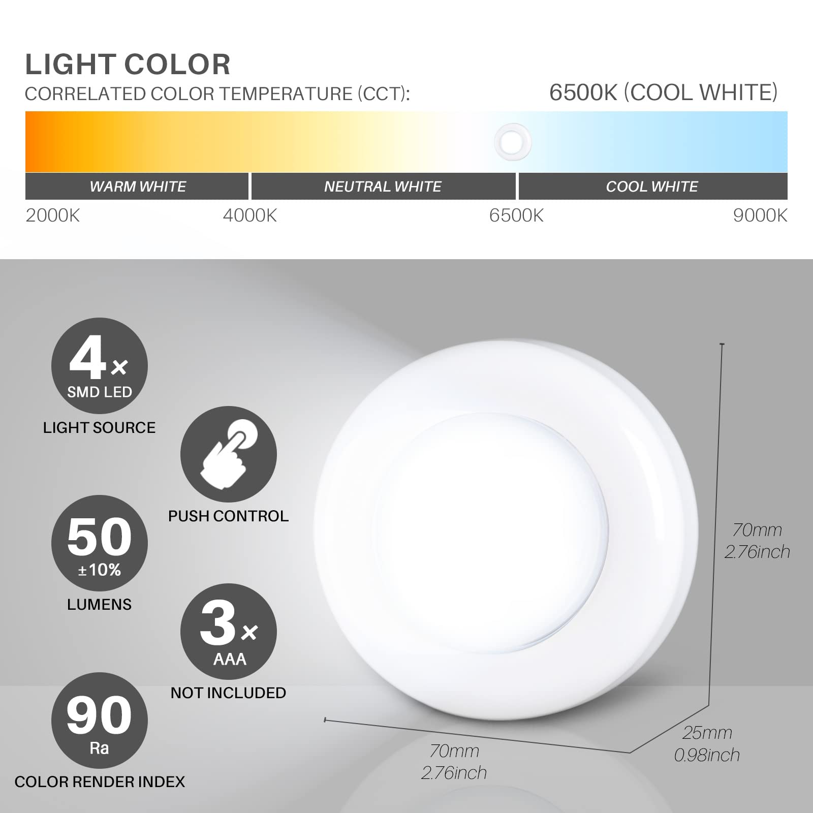 4 Led Push Tap Light - 7Cm Wireless Battery Operated Mini Night Light, White, Model Us-8016-Wh5, 5-Pack, Ideal For Cabinets And Closets