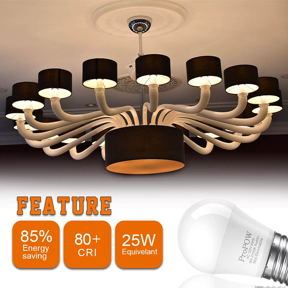 ProPOW A15 E26 3W LED Light Bulbs, Soft White 2700K, 6 Pack, Plastic
