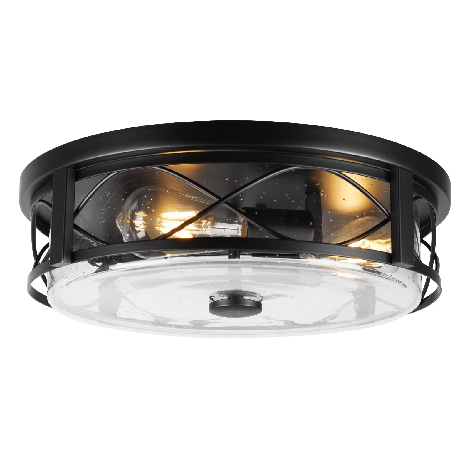 Rosient 16&quot; Seeded Glass Flush Mount Ceiling Light, 3-Light Black Lamp For Indoor/Outdoor Use