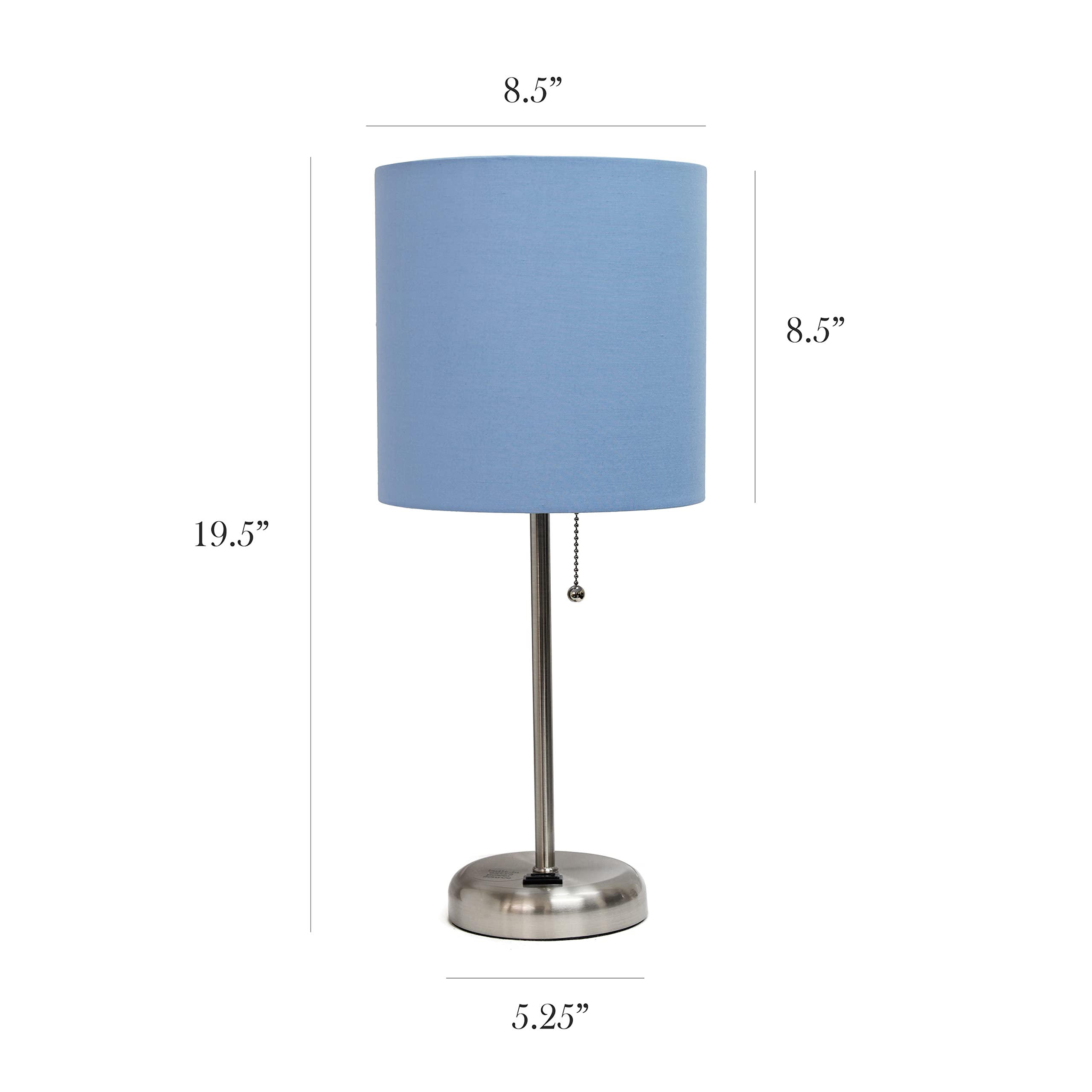 Simple Designs Lt2024-Blu Brushed Steel Stick Table Desk Lamp With Charging Outlet And Drum Fabric Shade, Blue Shade