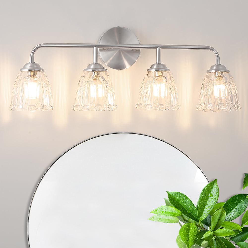 Daunton Vintage 4-Light Brushed Nickel Bathroom Light Fixtures, Elegant Bathroom Vanity Lights Over Mirror, Vanity Lighting For