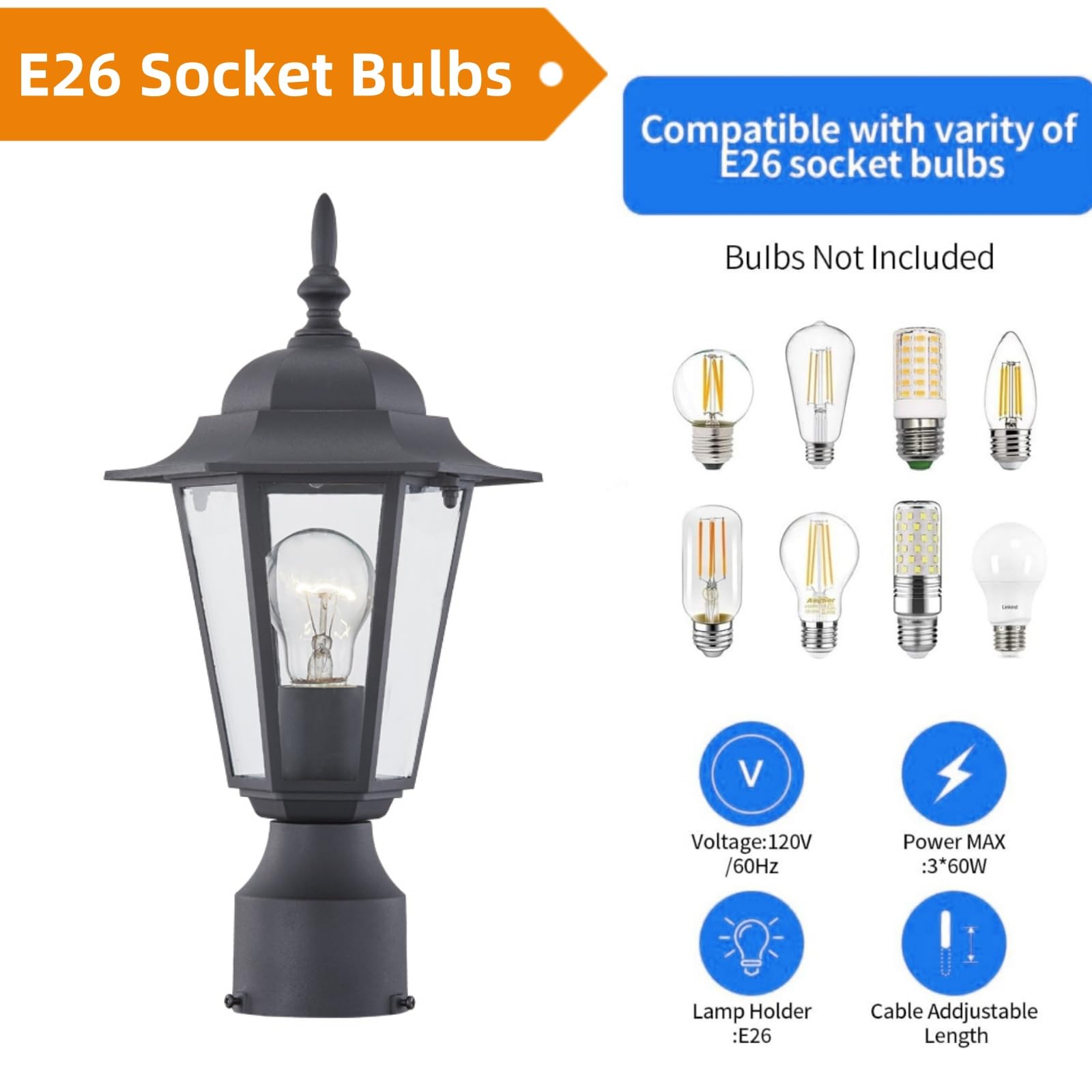 Wisbeam Outdoor Post Light, Pole Lantern, E26 Base 60W Max, Aluminum Housing Plus Glass, Wet Location Rated, Etl Qualified, Bulb