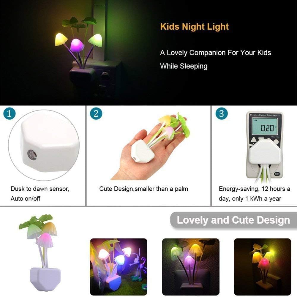 ZEZHOU Mushroom Night Light - 2 Pack Color Changing LED Plug-in Bed Lamp for Kids & Adults, Silicone, Model Z-MNL