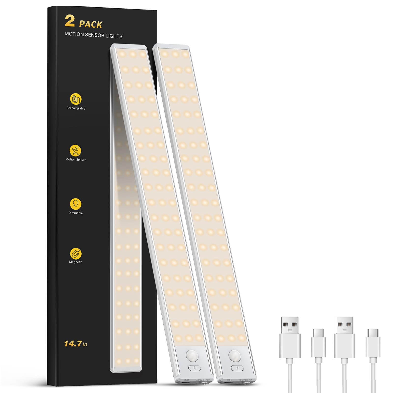 Under Cabinet Lighting - 14.7'' Motion Sensor Light Indoor, Magnetic Wireless Closet Lights, Dimmable Led Night Light, Rechargea