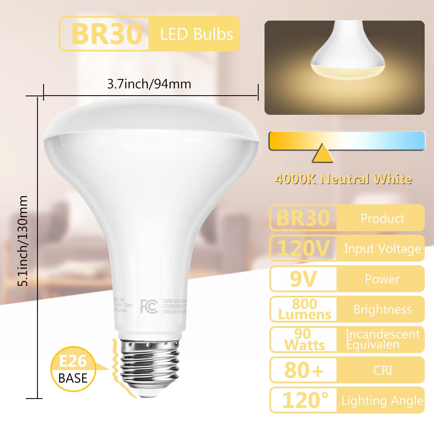 dalattin BR30 LED Bulbs 24 Pack, 9W 800 Lumens, Dimmable 4000K Neutral White, E26 Base, Indoor Flood Lights