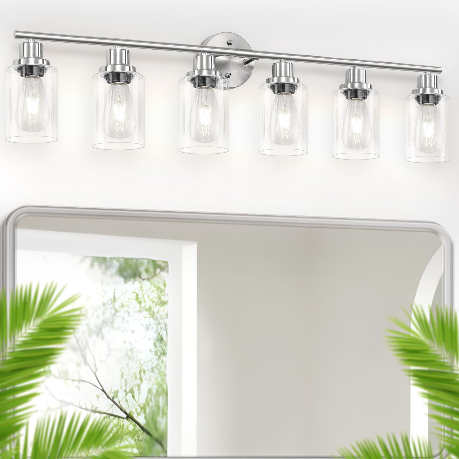 Guliaofo 6-Light Nickel Bathroom Vanity Lights, Metal Fixtures with Clear Glass Shade, Model Gu-111-QGN-6