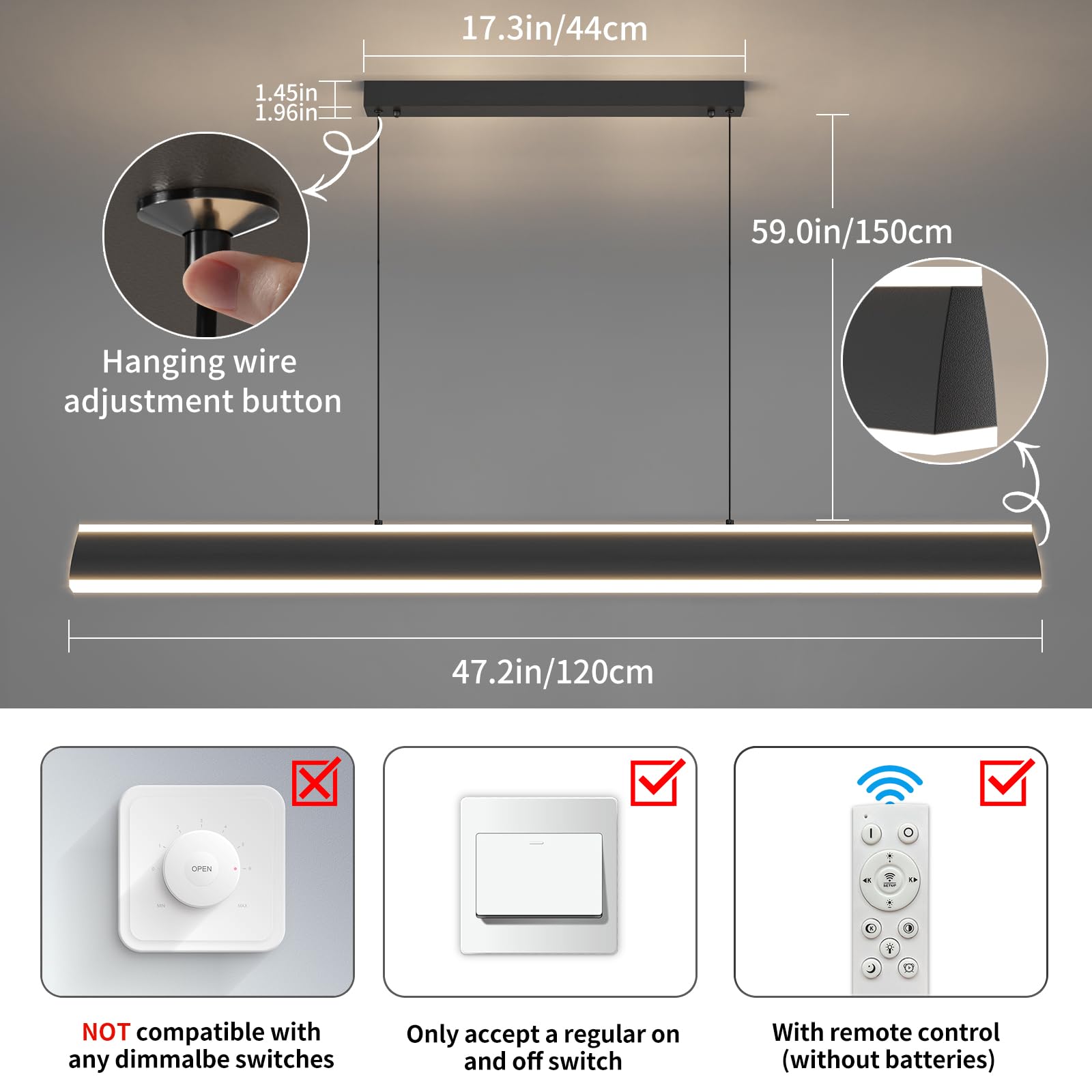 Modern Chandelier Light, 47In Led Pendant Light With Remote Control 3000K-6500K Adjustable Color Temperature,Aluminum Island Lighting Lamp For Dining Room, Living Room