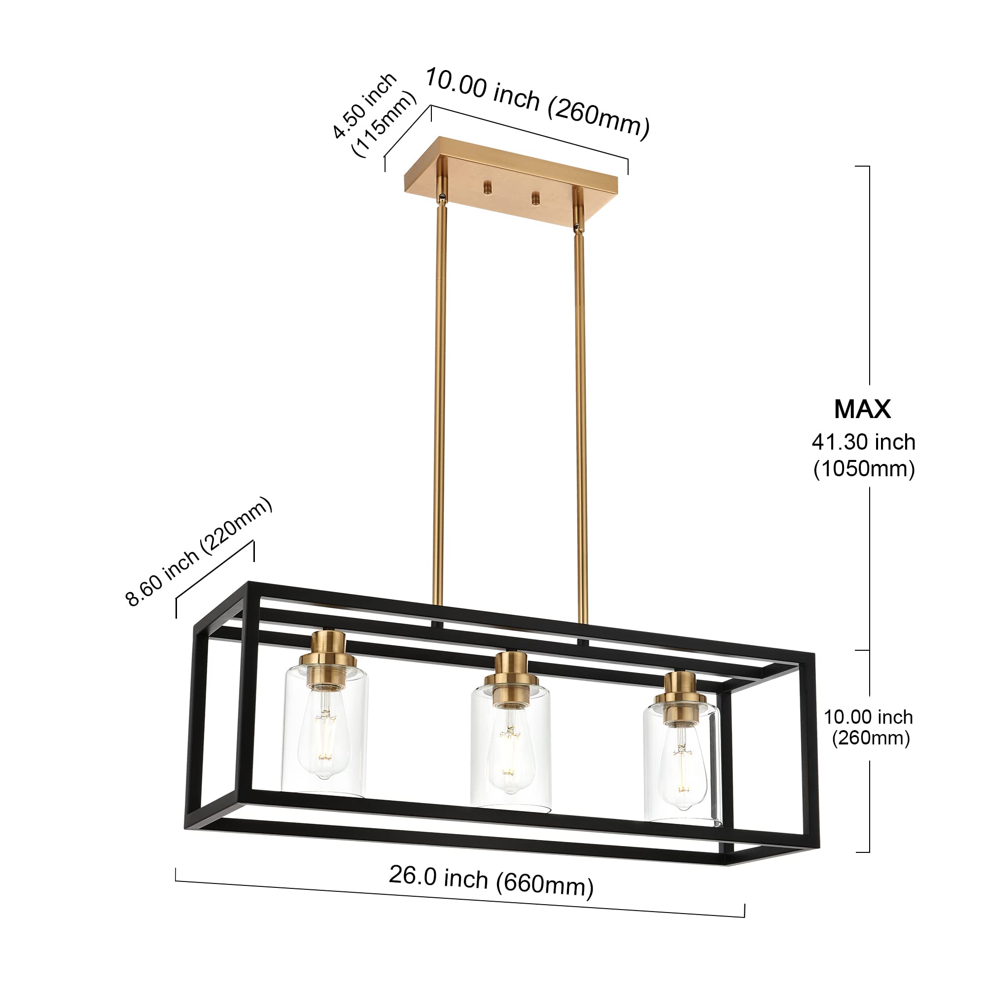 MELUCEE Modern Island Light, 3 Lights Linear Pendant, Black and Brushed Brass, 26 inches, Clear Glass Shade, E26 Base