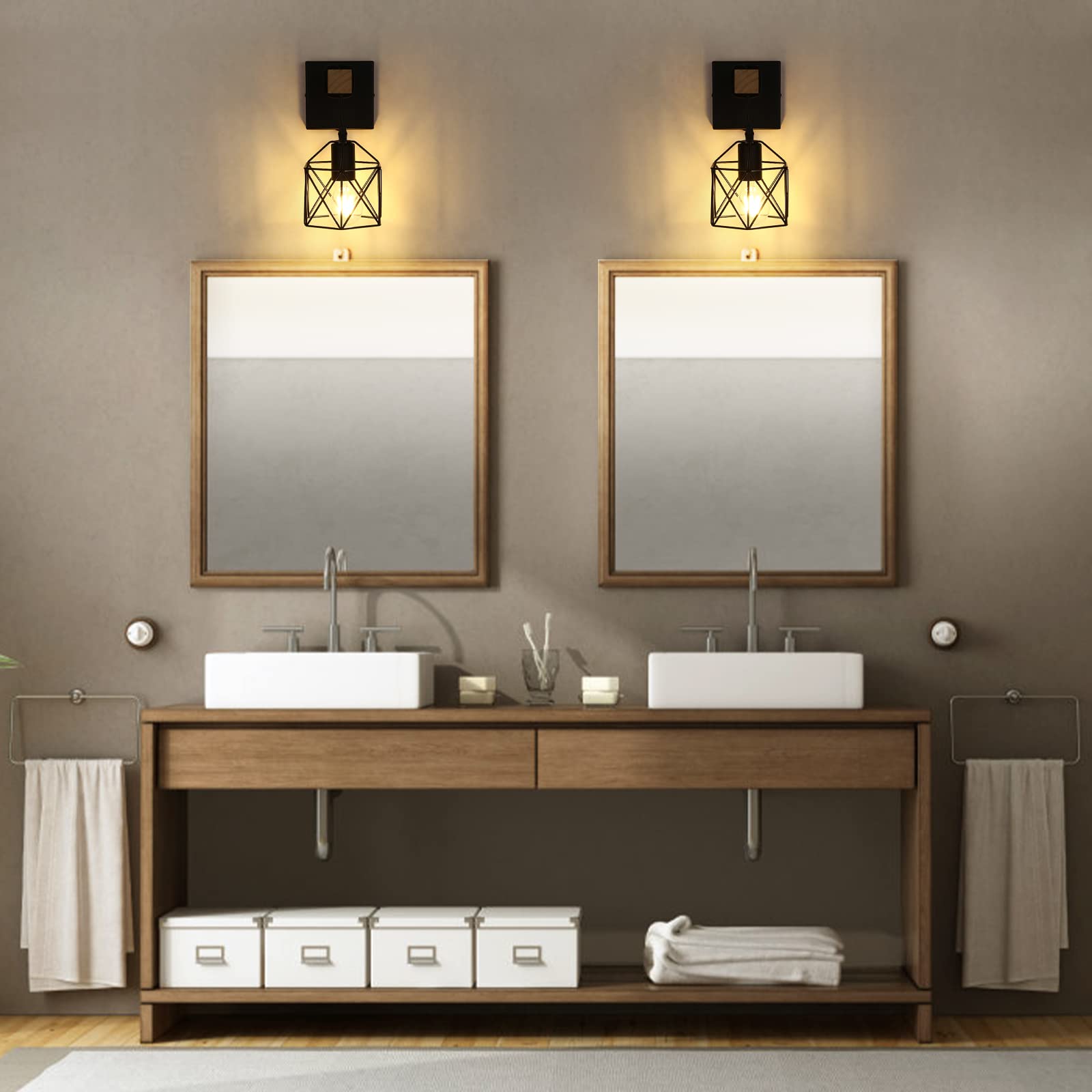 Lightess Black Wall Sconce Pack of 2, Dimmable Metal Cage Fixture, Model LG9939389