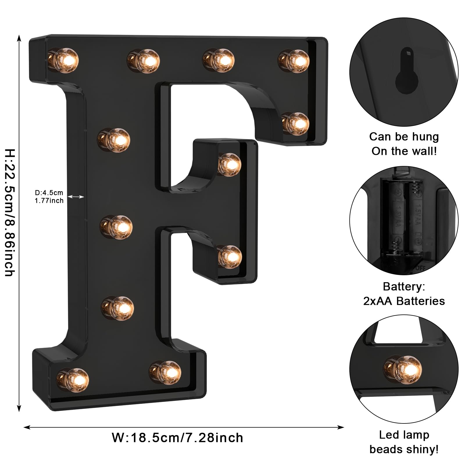 Foaky Black LED Letter Light - Battery Operated Alphabet Decor, Size F, Plastic Material