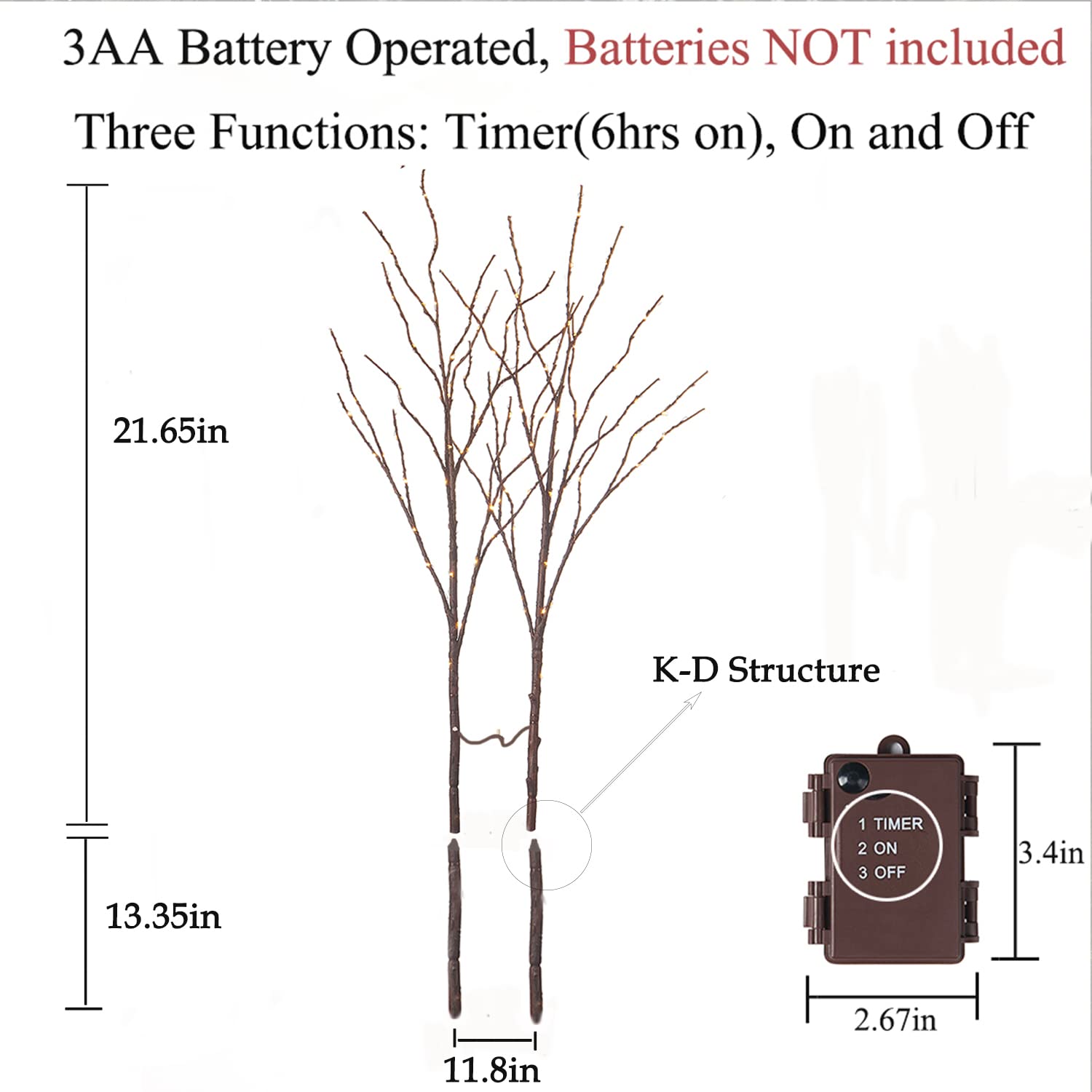 Hairui Lighted Brown Branches - 30" Battery Operated Fairy Lights with Timer, 100 LED Willow Lights for Indoor/Outdoor Holiday Decor