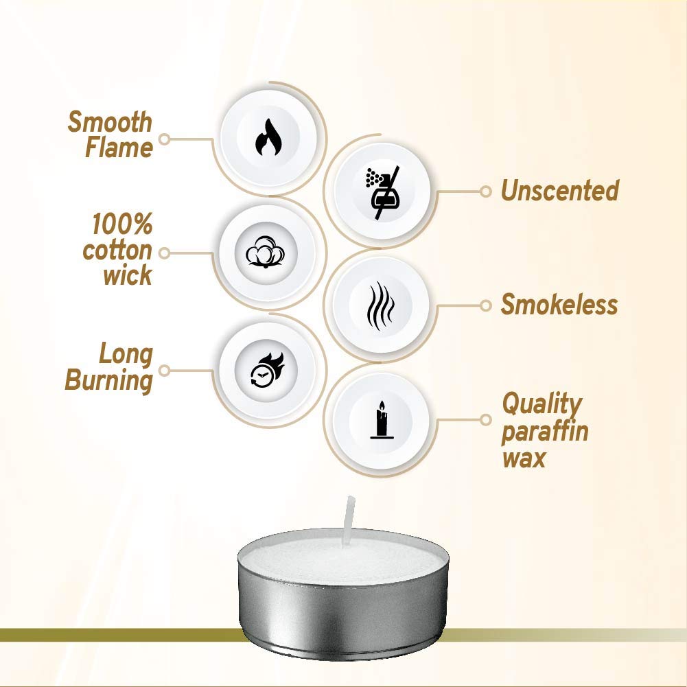 L'Ner Tea Light Candles – Set Of 100 Unscented Candles – Burns Aprx. 3.5 Hour – Party Candles – Tea Light Ambience Candles – Restaurant Decorations