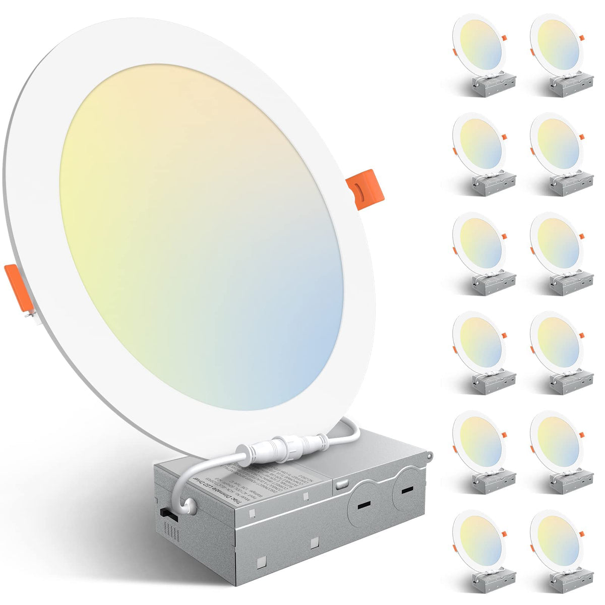 Amico 12 Pack 8 Inch 5Cct Ultra-Thin Led Recessed Ceiling Light With Junction Box, 2700K/3000K/3500K/4000K/5000K Selectable, 18W