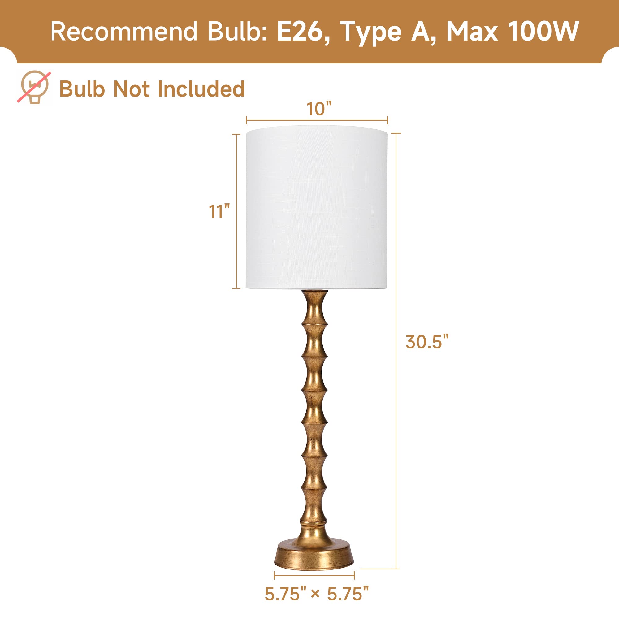 EUO Buffet Lamps Set of 2, 30.5" Tall Gold Metal Candlestick Lamps for Living Room and Dining Room, Modern Design, Model TL2PK-011-GLD