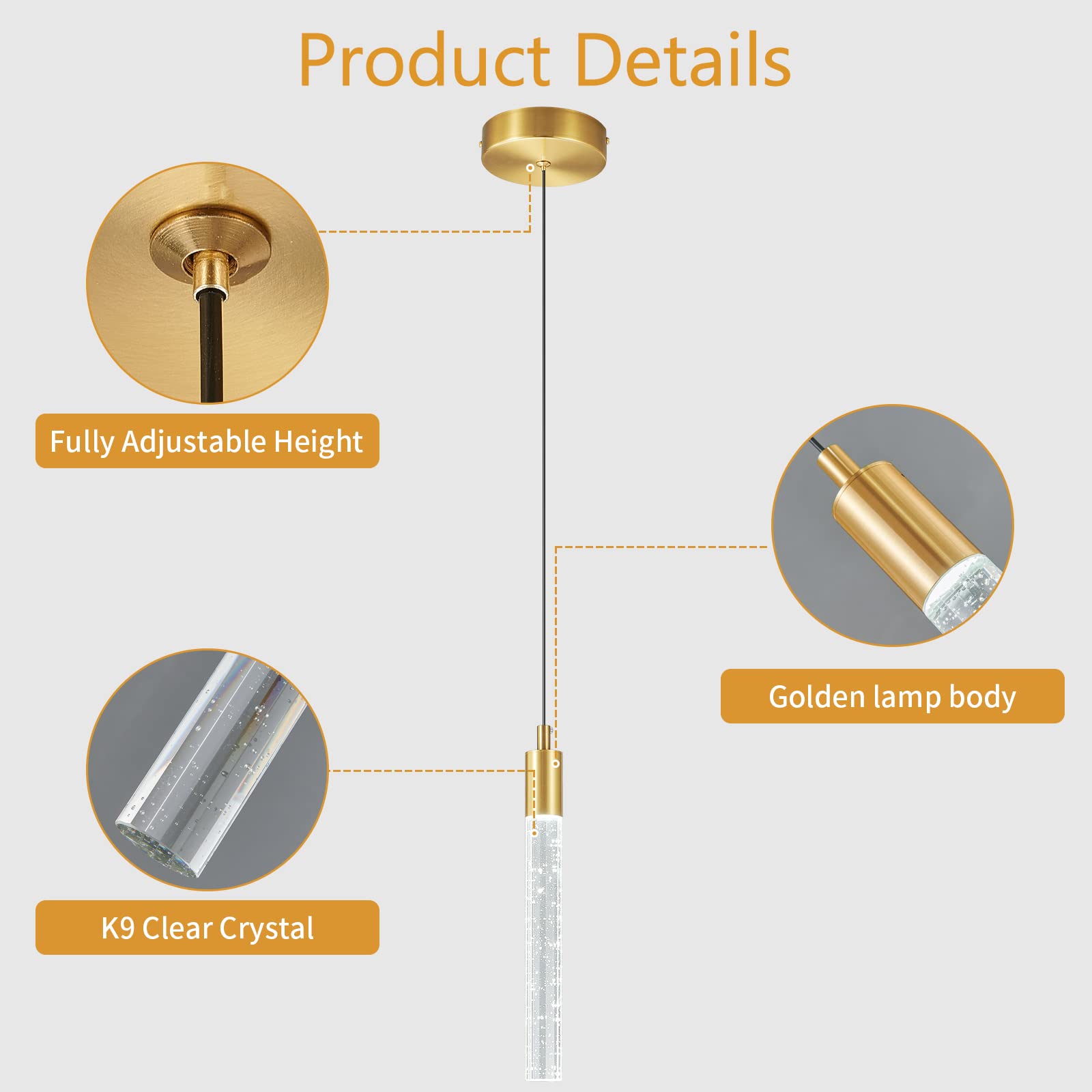 Zhllmq Modern Kitchen Island Pendant Light, Dimmable Led Gold Brass Crystal, 3-Pack