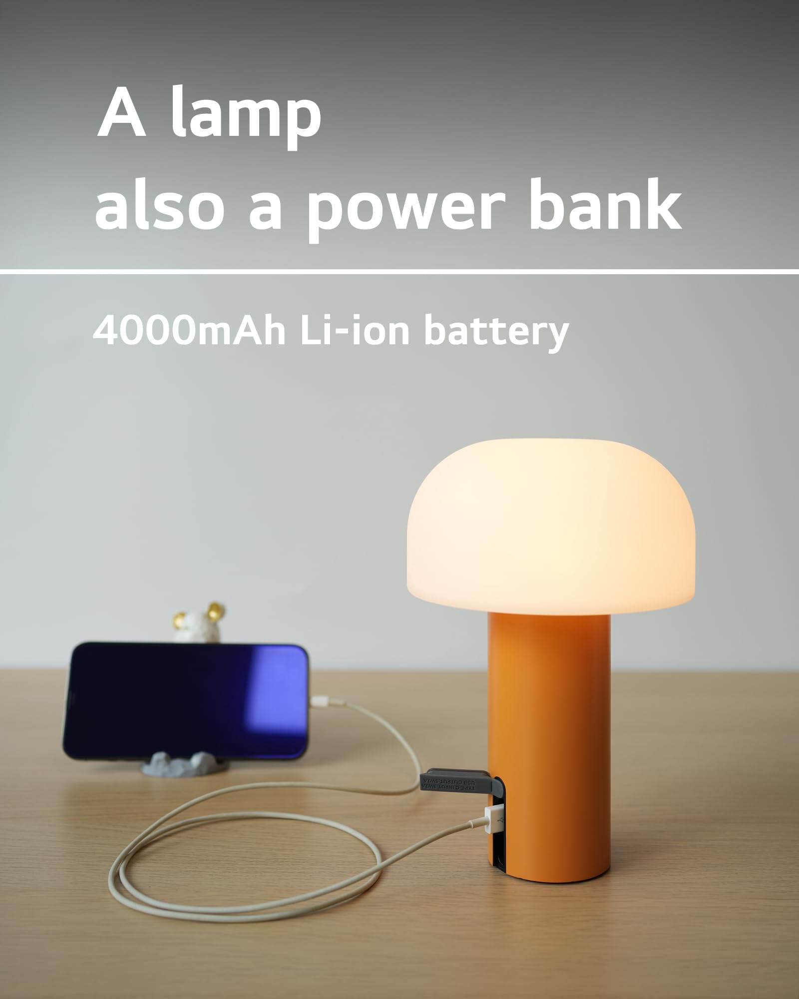 WEILAILUX Cordless Mushroom Table Lamp, Waterproof, Rechargeable, Touch Dimmable, Orange, Model WL-3760