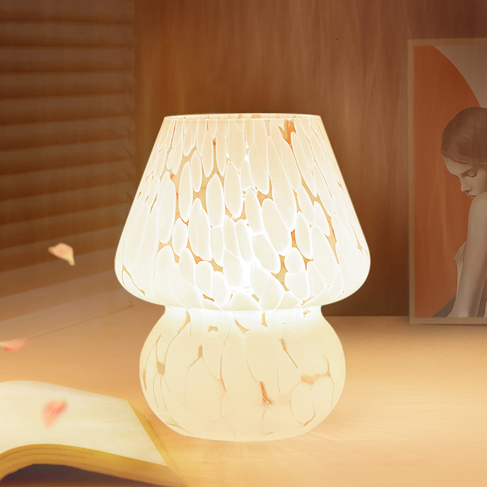 ONEWISH Mushroom Lamp Small Bedside Table Lamp-Nightstand Nightlight Dimmable Stepless, Translucent Glass White Desk Lamp for Be