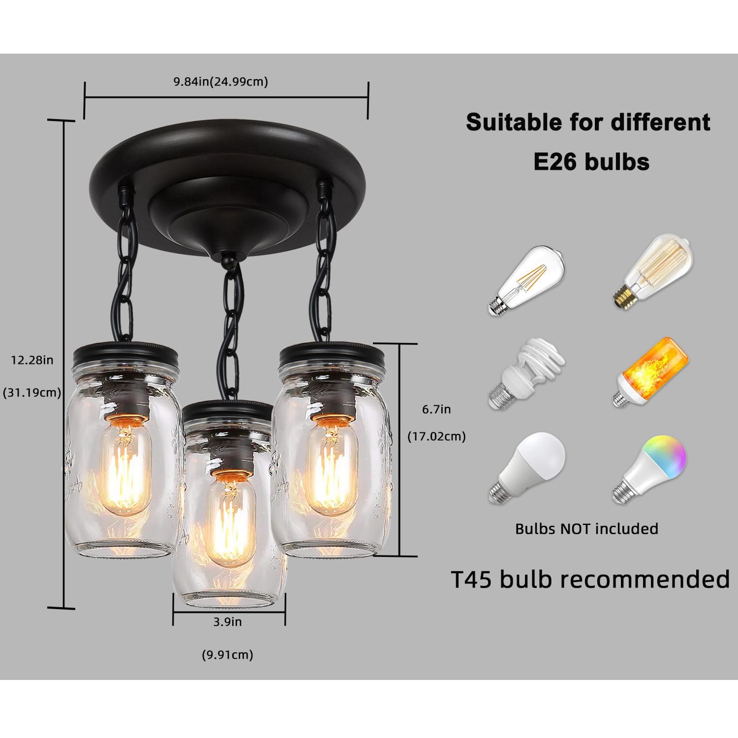 Jasopaco Glass Mason Jar Light Fixtures, 3-Lights Pendant Ceiling Lights Flush Mount - Black Country Farmhouse Lights For Kitchen Dining Room Foyer Stairway Hallway Entryway Porch
