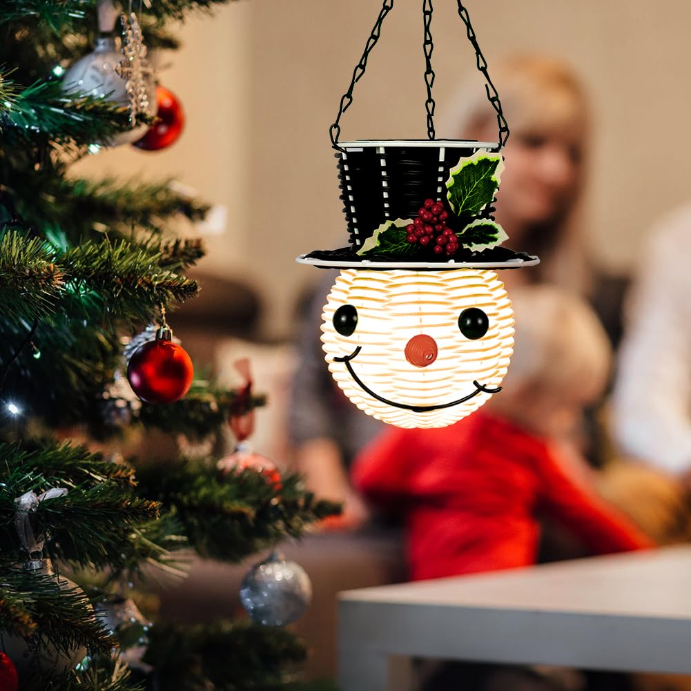 Snowman Hanging Solar Lantern Christmas Outdoor Decorations Yard Rattan Outdoor Lanterns For Patio Waterproof Holiday Solar Powered Lights For Garden Tree Decor