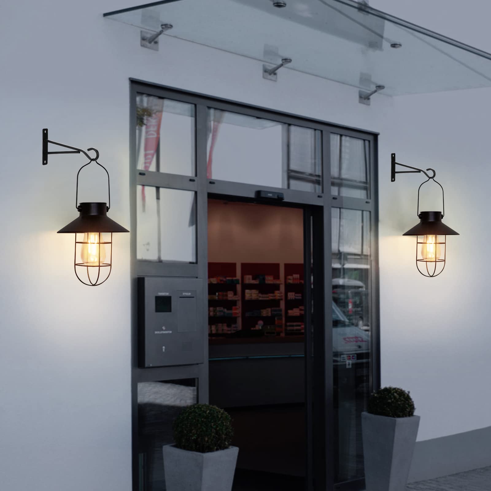 Pearlstar Solar Lanterns Outdoor Metal Solar Powered Hanging Lights Waterproof For Wall Yard Garden Patio Garage Balcony Porch Fence Decor, Warm White Edison Bulb,With Wall Mount Kit(Black-1Pack)