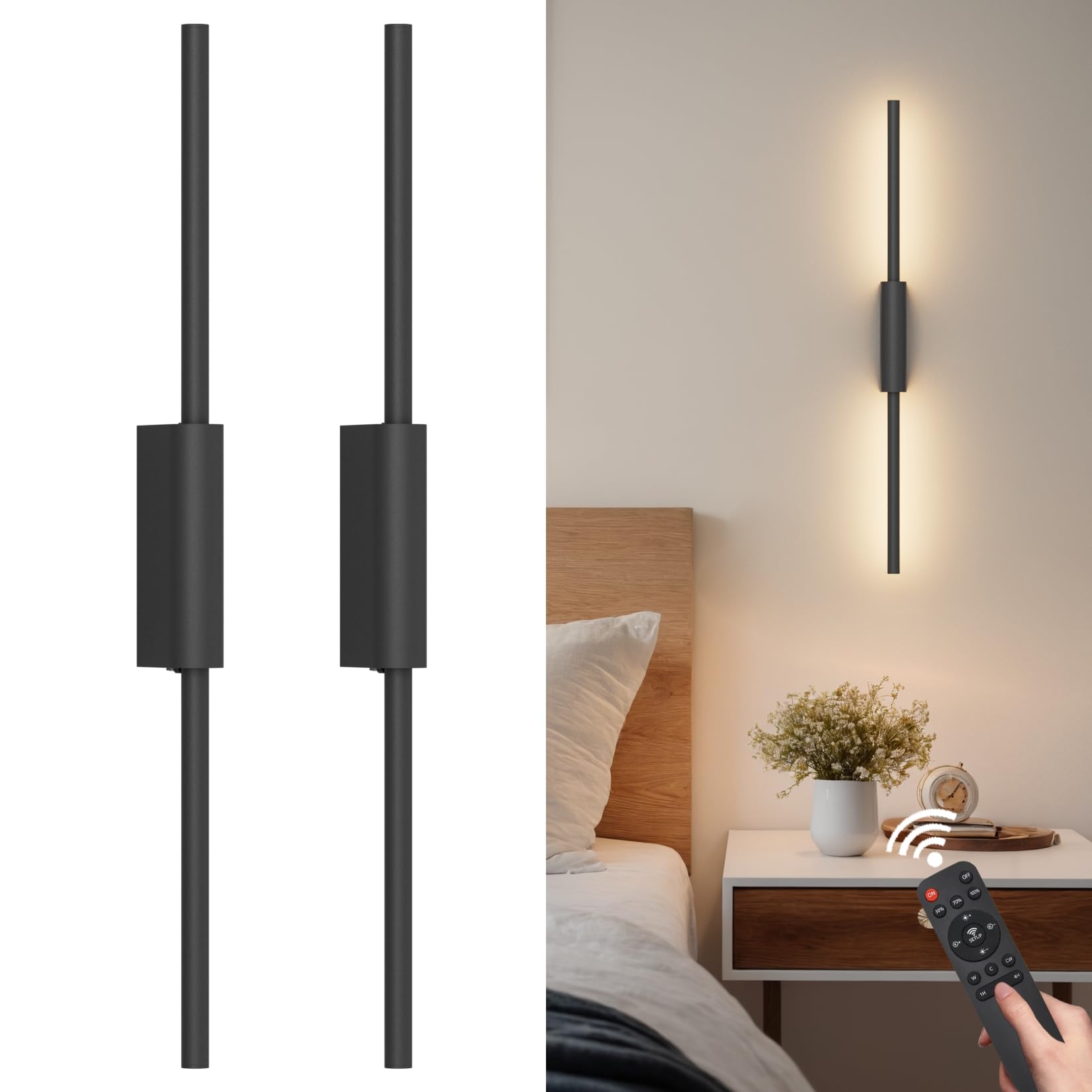 Coinmit 23.6In Battery Operated Wall Sconces Set of Two,10000mAh Rechargeable Sconce 3 Colors Dimmable Wireless Sconces for Livi