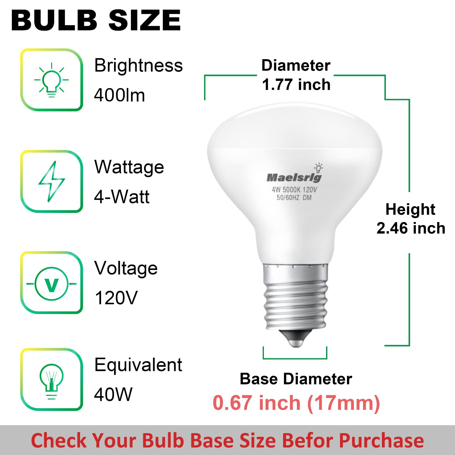 Maelsrlg E17 LED Bulb, 4W (40W Equiv), Dimmable Mini Reflector, 400 Lumens, Daylight White 5000K, Pack of
