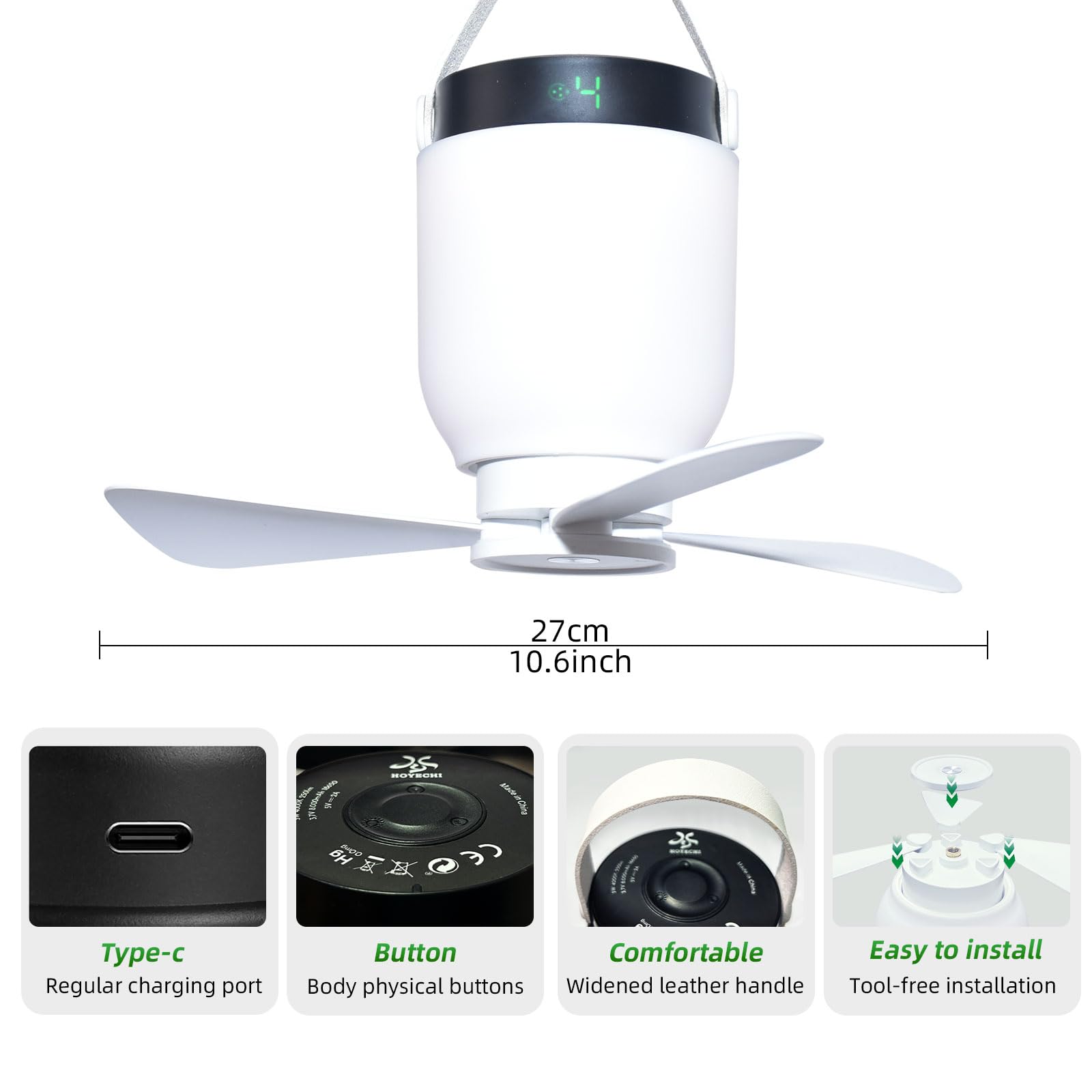 HOYECHI Portable Camping Fan with Light - 8000mAh Battery, Remote Control, White, Model HYC6008