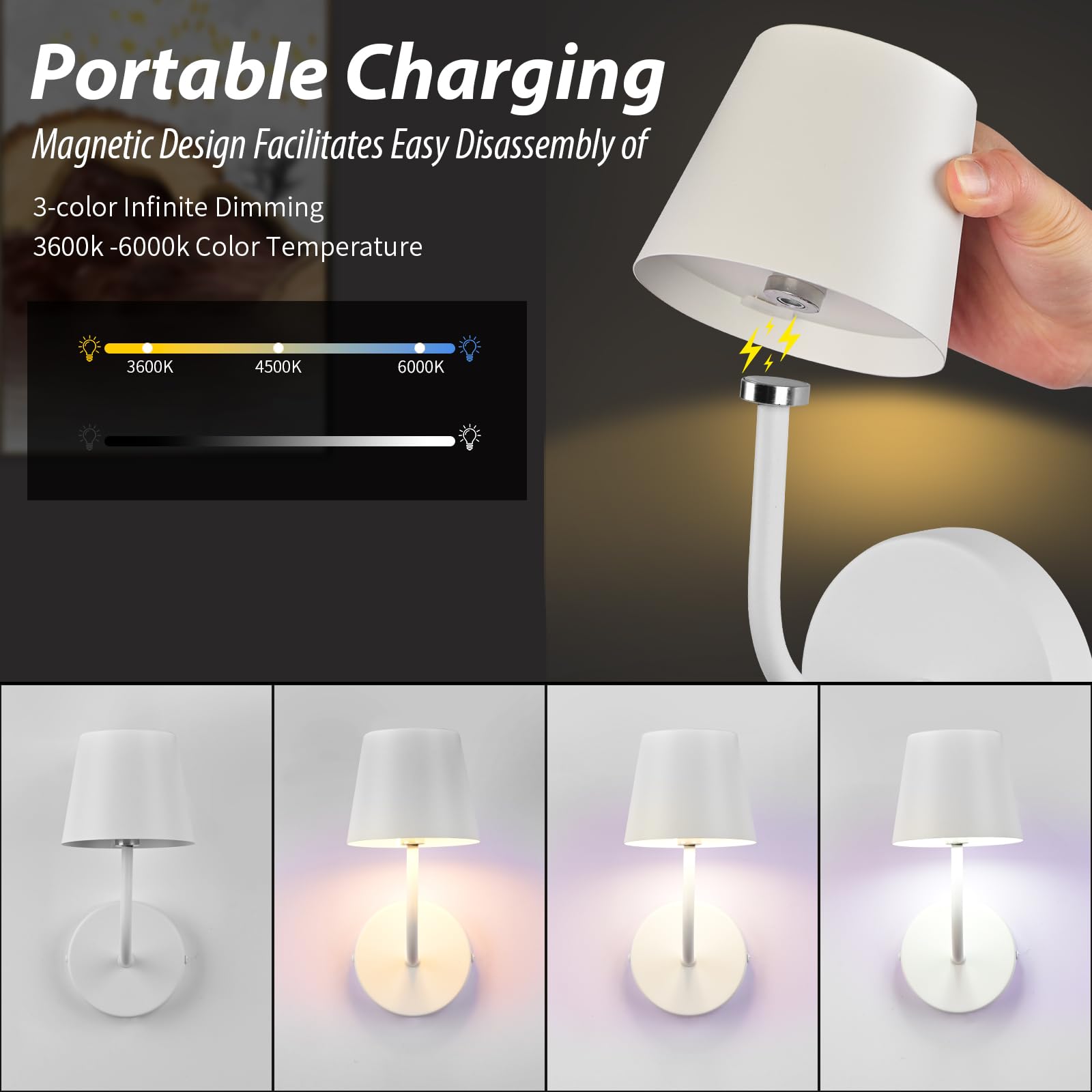 IMQSQIK LED Wall Lamp Set of 2, Rechargeable 5600mAh, Touch Control, White, Model RQ-14-2Pack