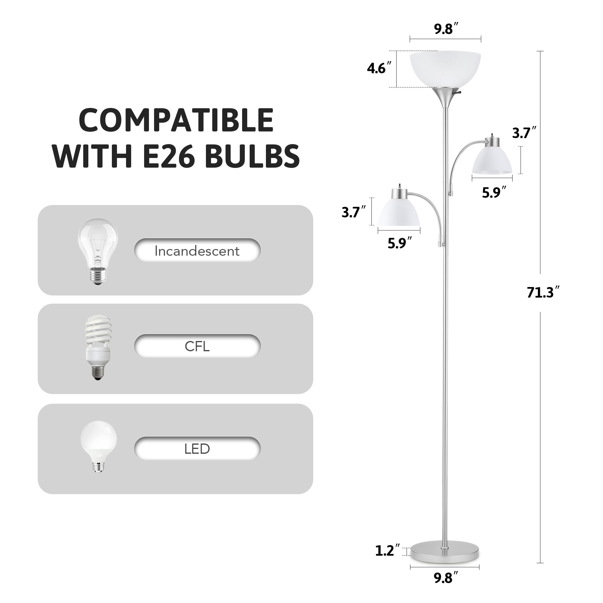 Vonluce 71'' Floor Lamp For Living Room With 3 Bulbs, Standing Lamp With Adjustable Reading Light, Modern Torchiere Floor Lamp W