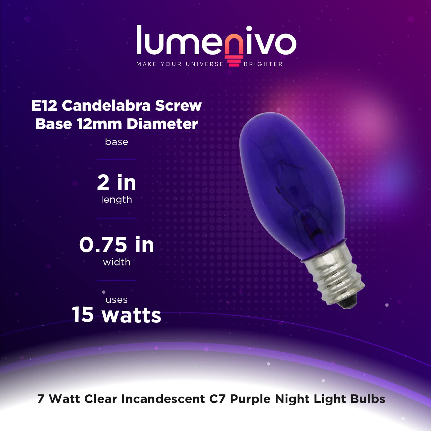 Lumenivo 7 Watt Purple Incandescent C7 Colored Night Light Bulb 7W C7 Purple Christmas Village Light Bulbs - Candelabra Base Bulb For Window Candle  Decorative Light Replacements - 120V - 12 Pack