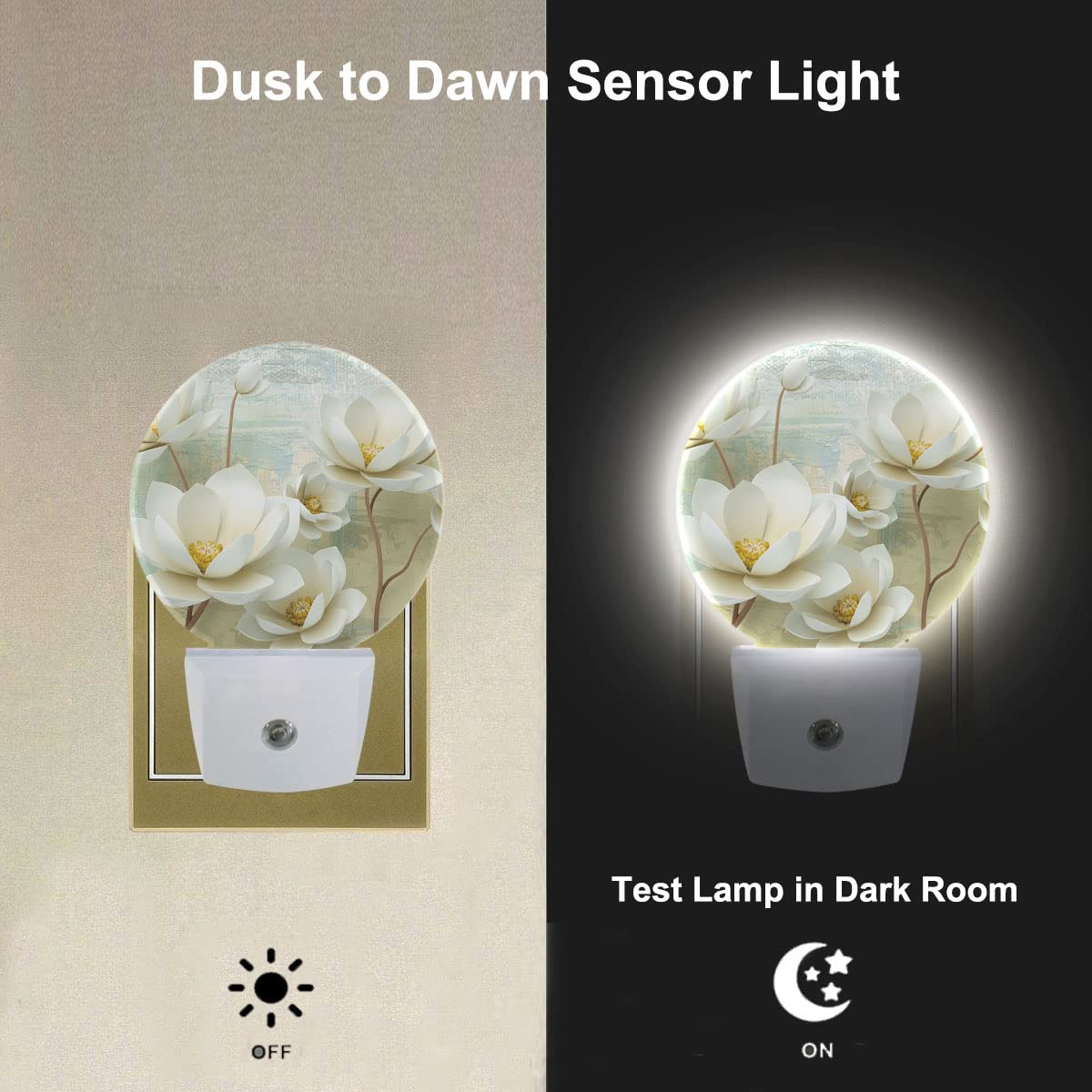 Uanvaha Mothers Day Flower Nightlight White Blooming Floral Art Print Night Lights Plug Into Wall Dusk To Dawn Sensor Round Nigh