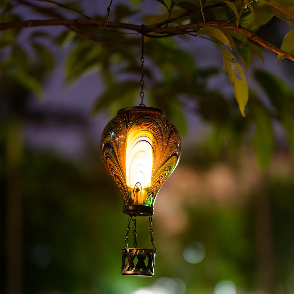Starsoul Hot Air Balloon Solar Lantern Flickering Flame Light Tie-Dye Style Glass Solar Powered Hot Air Balloon Lamp Hanging Out
