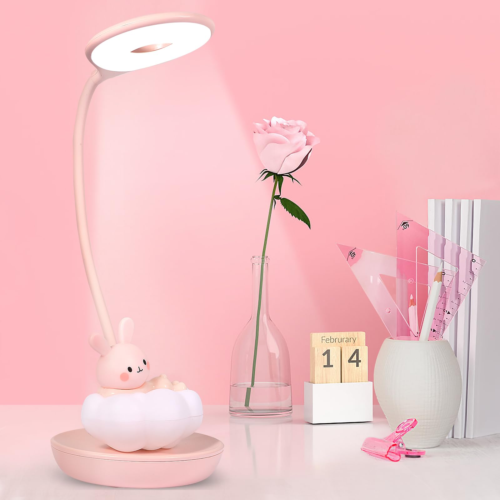 MARZIUS Cute Rabbit Design Dimmable Touch LED Reading Desk Lamp Night Light with 5 Levels Brightness for Boy Girl Kid Teen (Pink Cloudy Bunny)