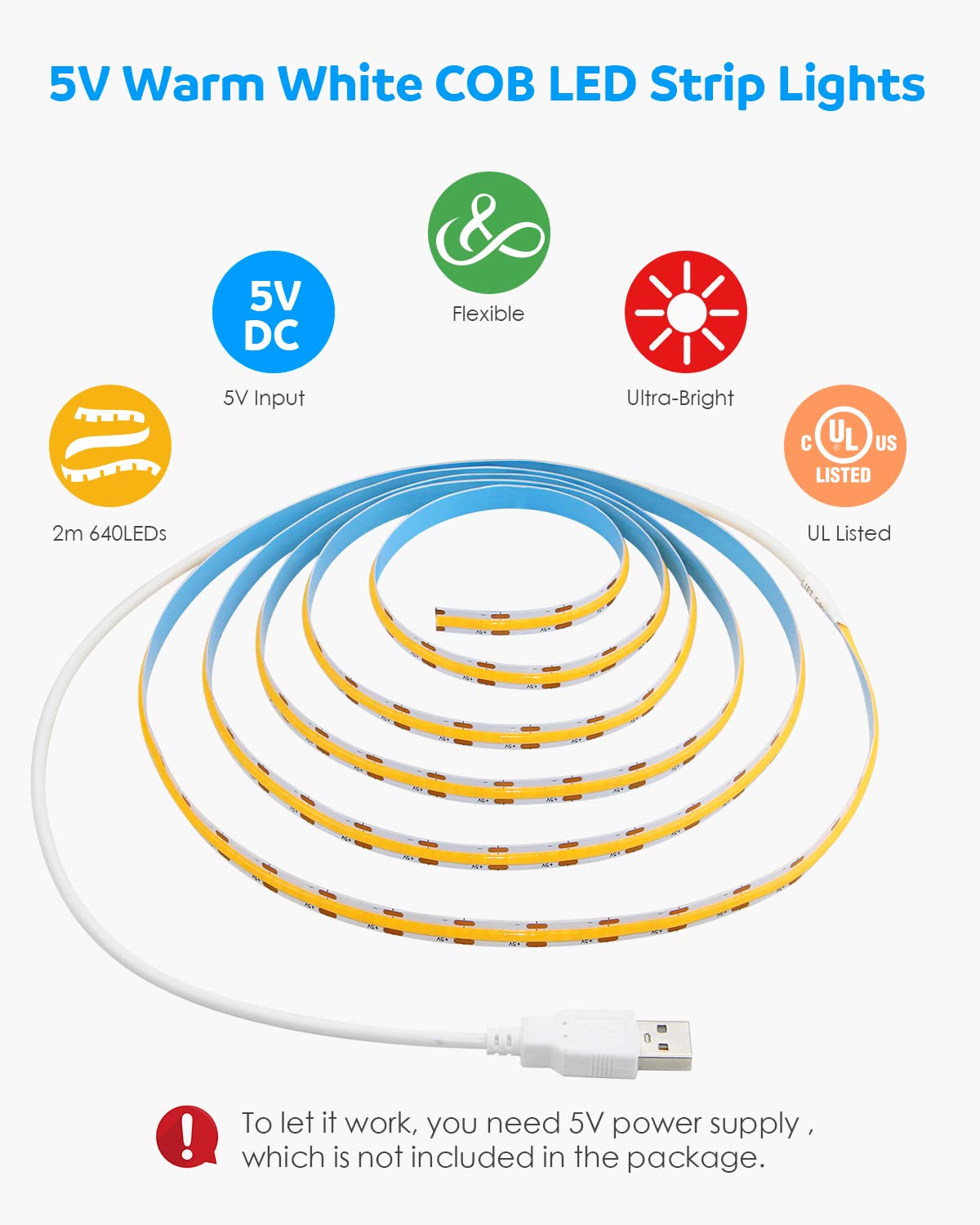 Aclorol Cob Led Strip Lights For Tv 5V Usb Powered Warm White 6.56Ft 320Leds/M Cob Flexible Light Strip Tv Led Backlight For Bed