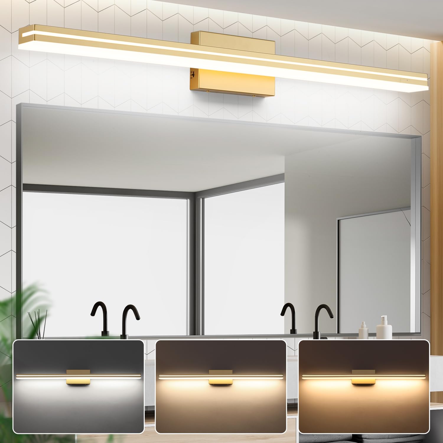 Sinerise Led Modern Bathroom Vanity Light Fixtures (40-Inch, 3000K/4000K/6000K, Dimmable), Gold Modern Acrylic Bathroom Wall Lig