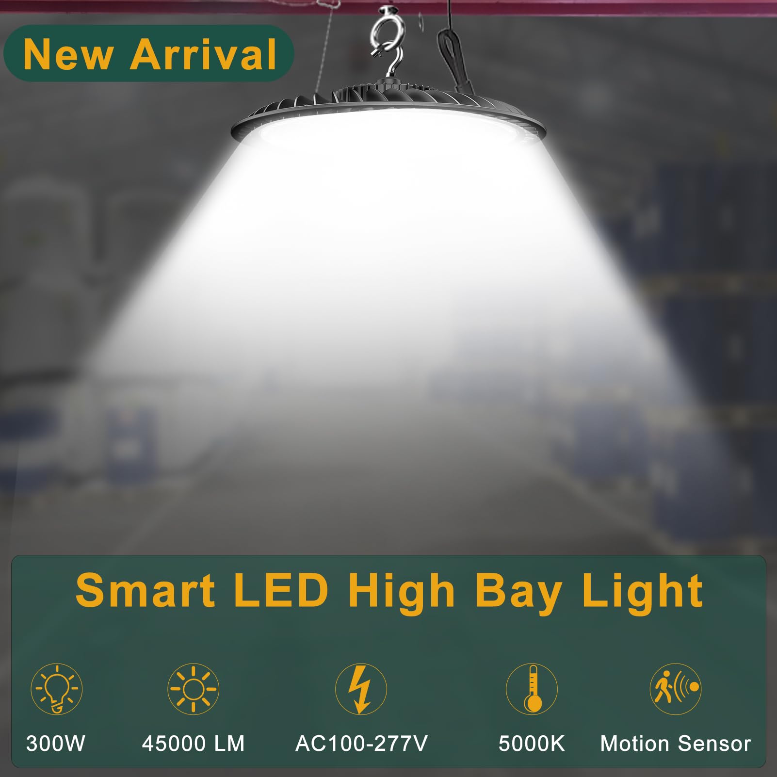 ACOHOOK High Bay Light 300W with Motion Sensor, 45000lm, Remote Control, Aluminum, 6Pack, Model AUFO-15MD, Smart Color