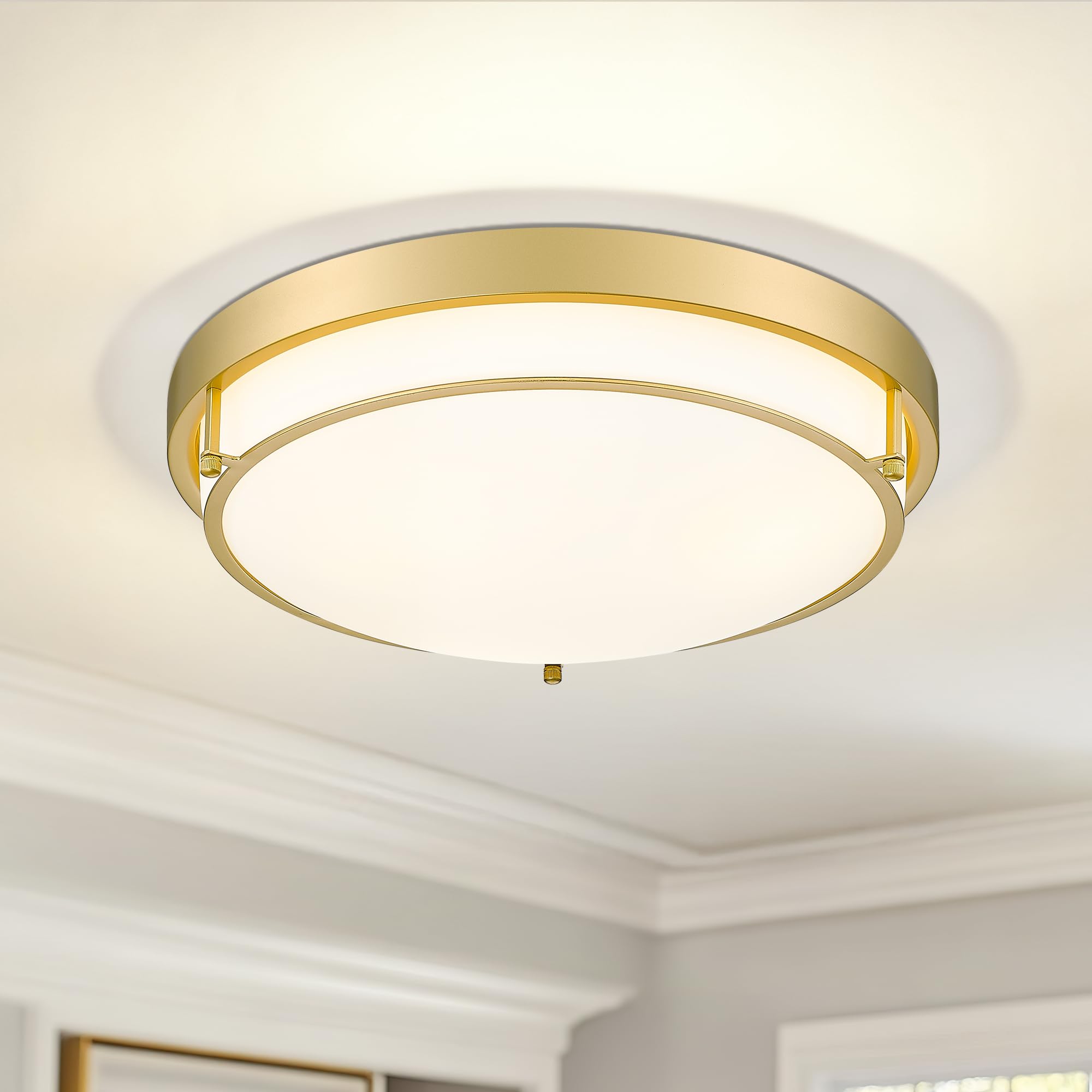 Cargifak 16in Flush Mount Ceiling Light, Frosted Glass Shade, Brass Gold, Model CKCL4822-3W-BB