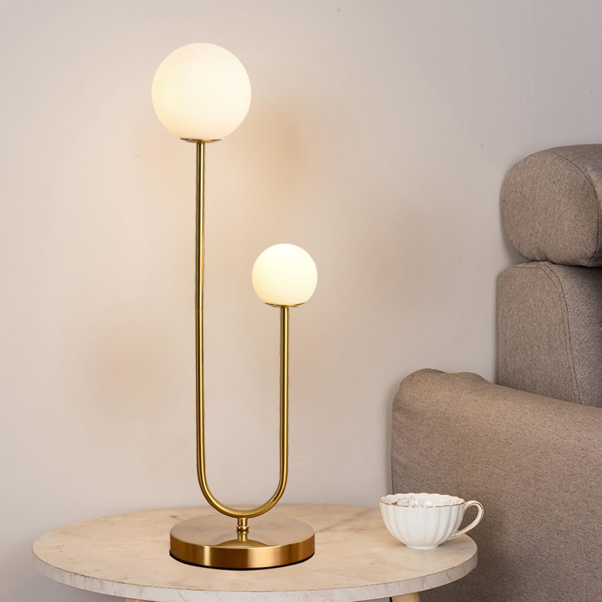 AMARTIZ Mid Century Gold Globe Table Lamp, 2-Light U-Shape Design, Milk White Glass Shade, Model T3000, Ideal for Bedroom Nightstand