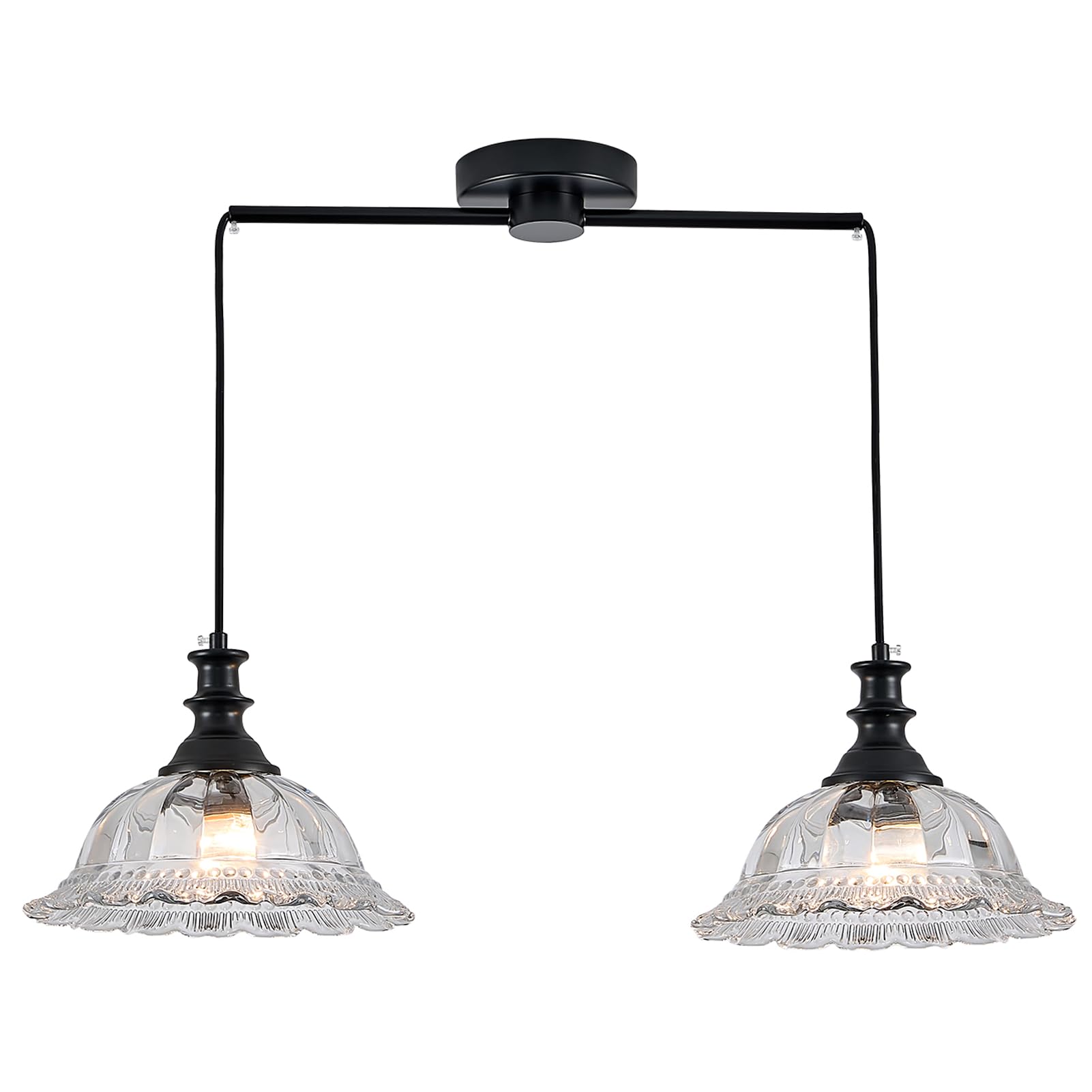 HDDFL 2 Light Pendant Light Fixtures Modern Glass Hanging Lights with Adjustable Cord for Kitchen Island Dining Room Living Room Hallway Black Metal