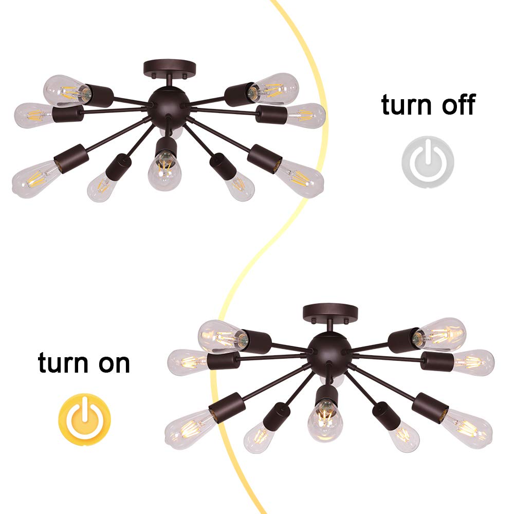 BONLICHT 10-Light Semi Flush Mount Chandelier, Oil-Rubbed Bronze, Metal, Model 3006-10C-BR, Mid Century Modern Starburst Design