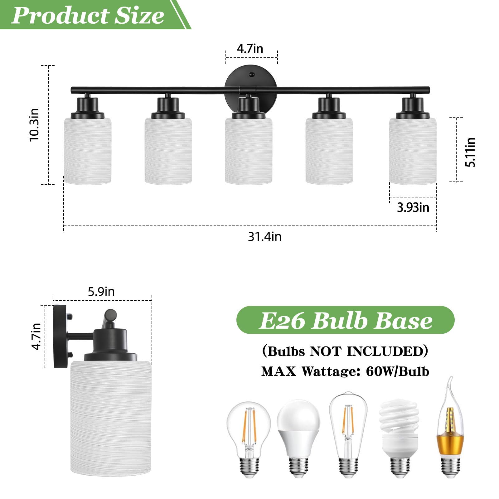 Guliaofo 5-Light Black Bathroom Vanity Light, Frosted Glass Shades, Metal, Model Gu-111-LWNBH-5