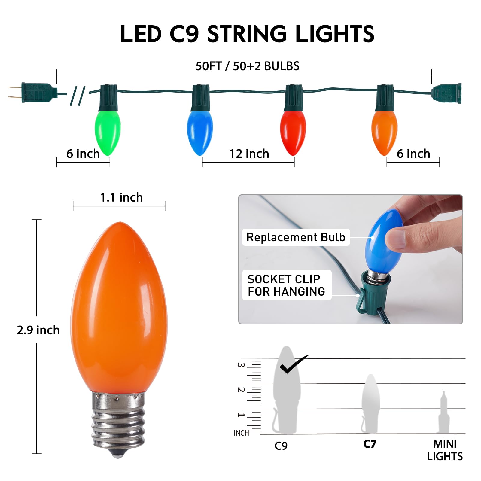 Minetom Vintage C9 LED Christmas Lights, 50FT Multicolor, Plastic, Green Wire, Model GYPI-O50LAU, Outdoor/Indoor Holiday Decoration