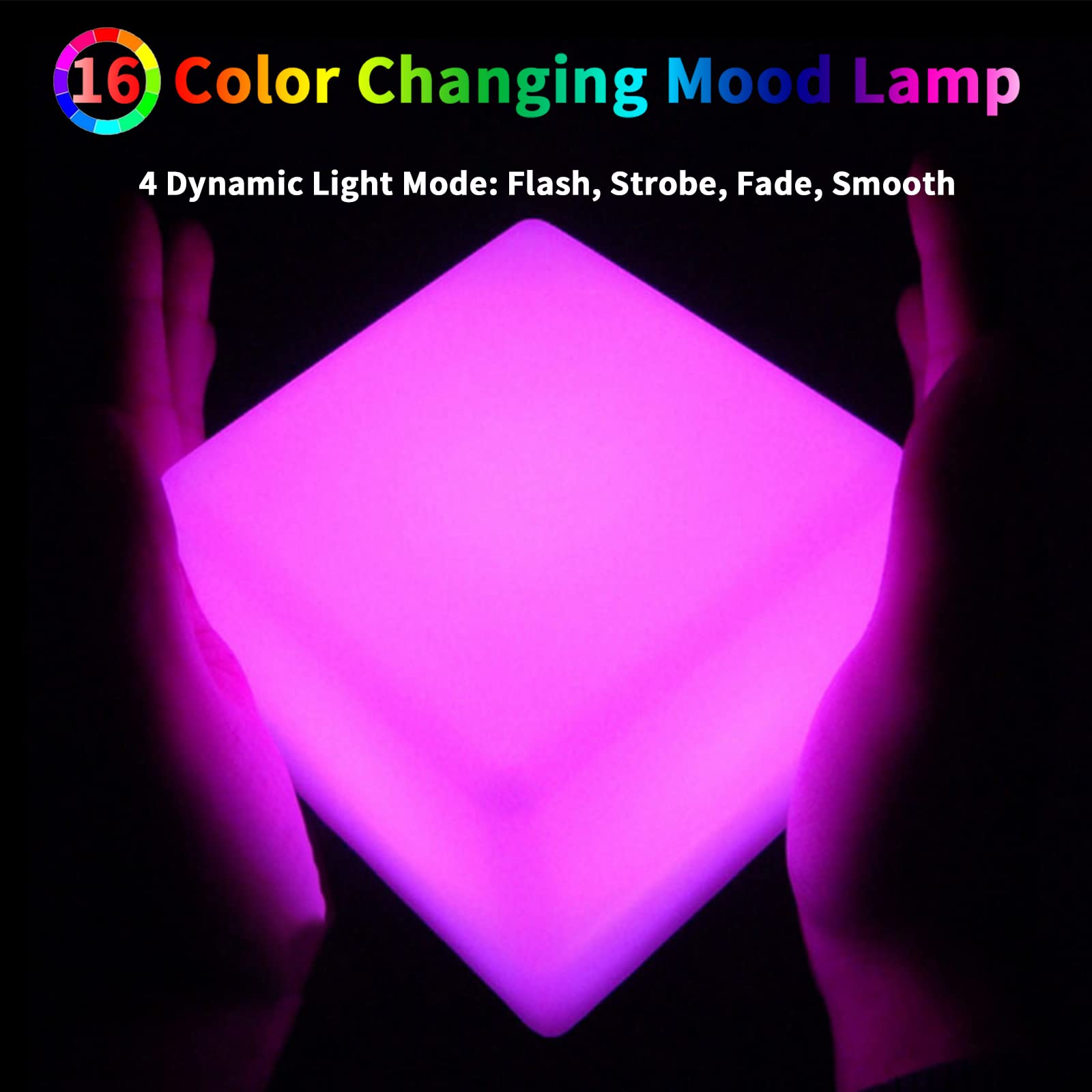 Borelor LED Cube Light, 4-Inch Rechargeable Mood Lamp, Remote Control, 16 Color Changing, Blue, Dimmable Decorative Lighting