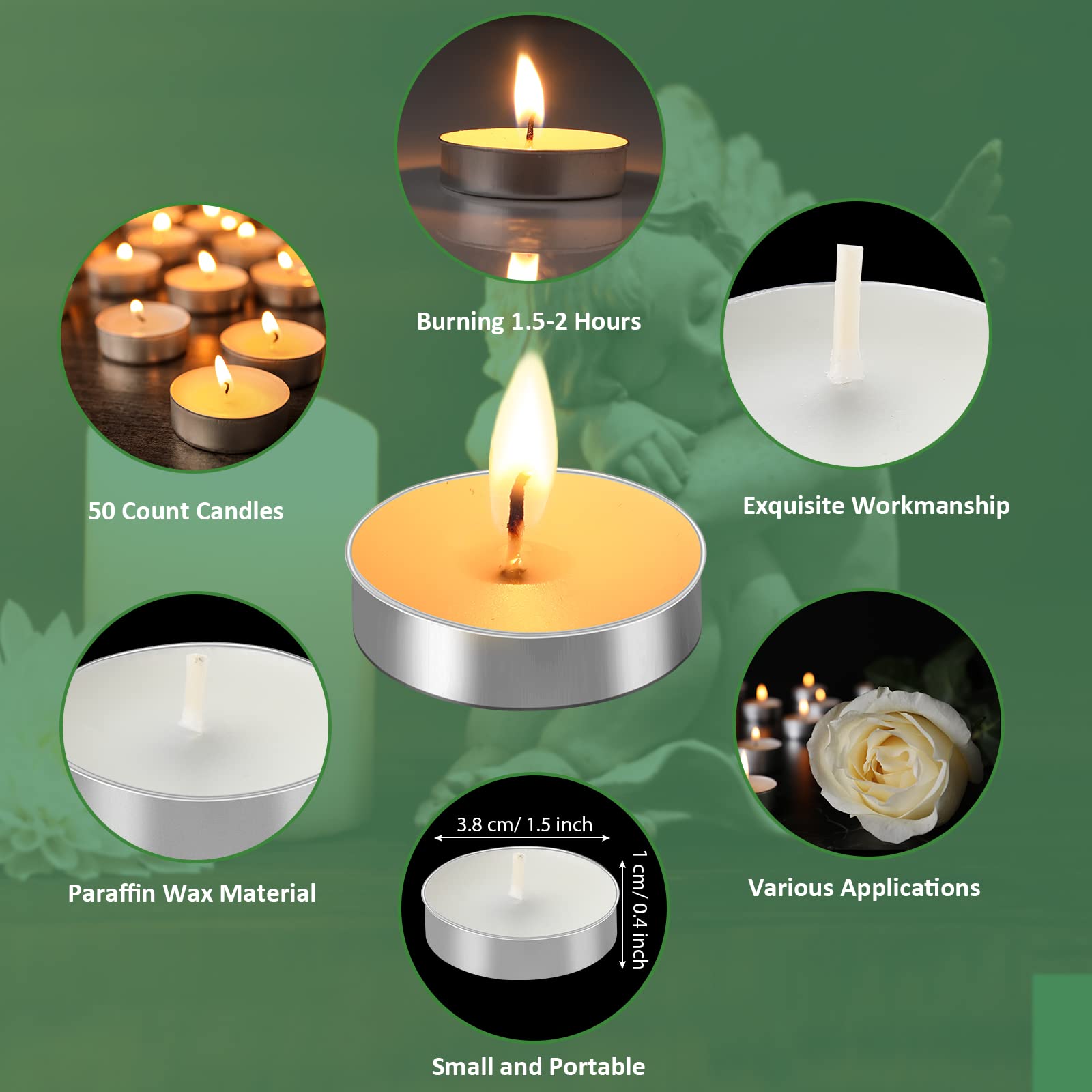 Coume 50 Set Unscented Tealight Candles - White with Condolence Cards & Organza Bags for Memorial Celebrations (Model SR-Coume-573130)