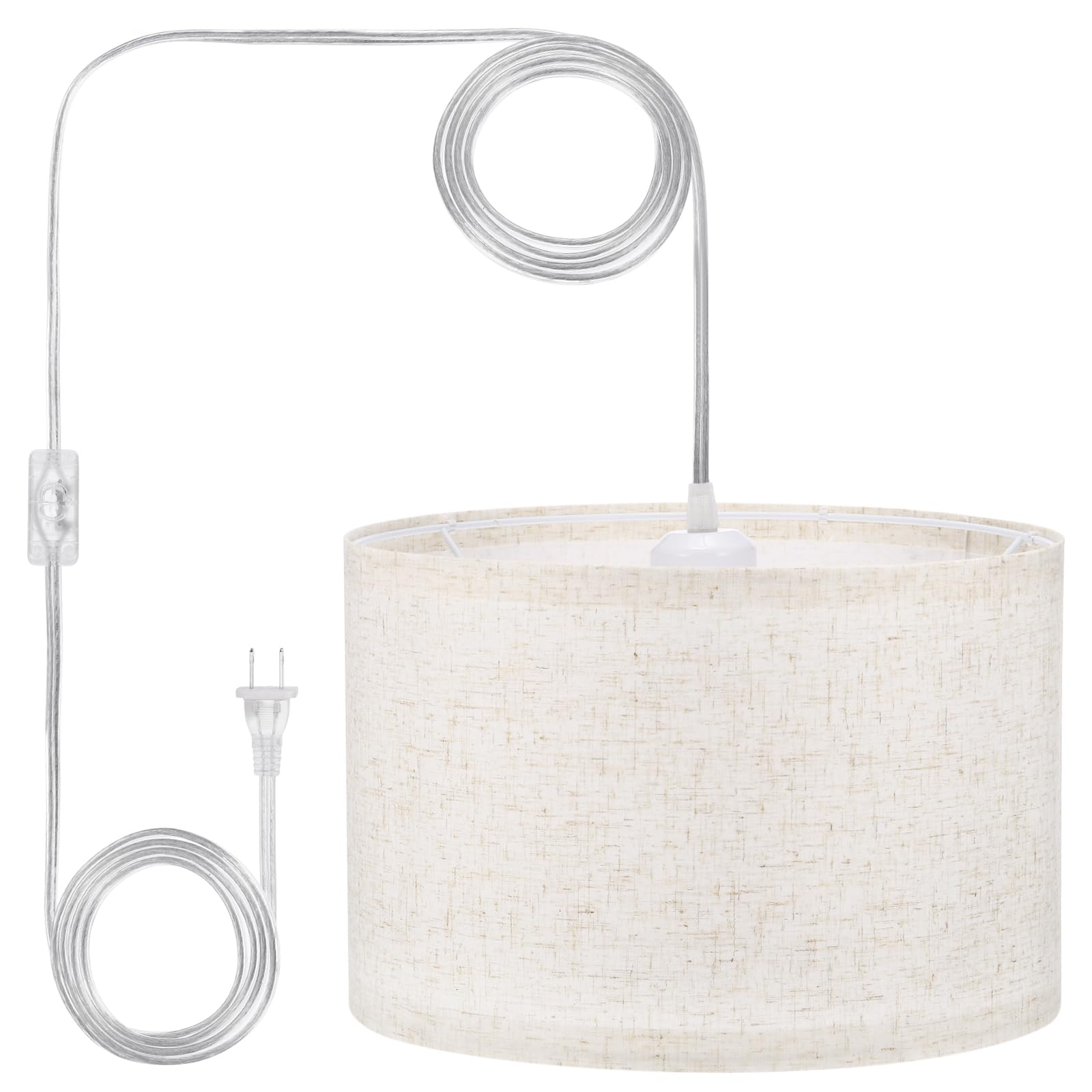 Patikil Plug In Pendant Light, 15Ft Rope Cord Hanging Lamp Fixture With On/Off Switch, Linen Fabric Shade E26/E27 Bulb Socket For Bedroom Kitchen Living Room, Beige