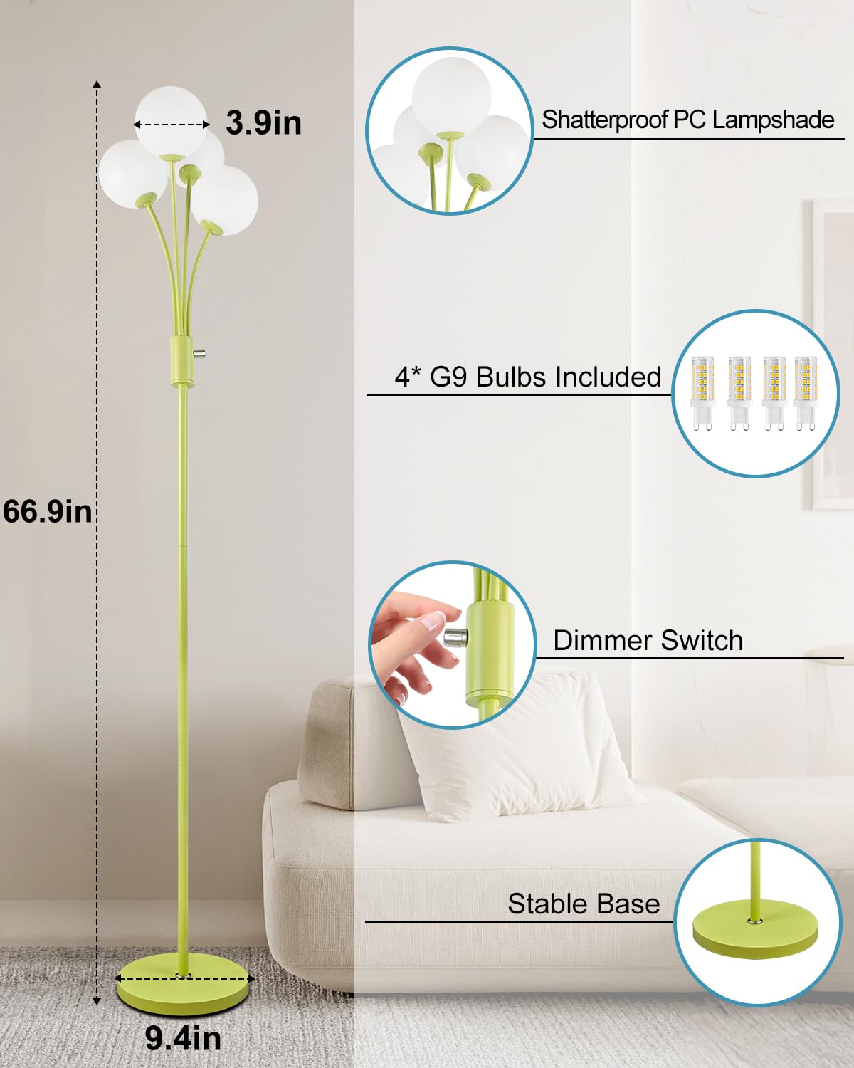 Lightdot 67In Dimmable Globe Floor Lamp 4-Lights Green Standing Lamps With 4Pcs 3000K G9 Bulbs Soft Warm White Mid Century Moder