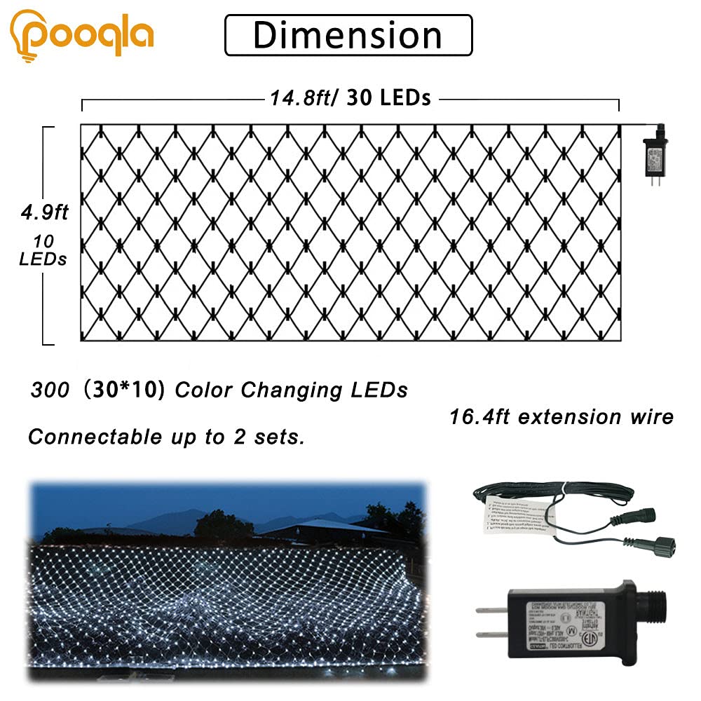 Pooqla Net Lights 300LED Fairy String Mesh Light 14.8x4.9 ft Cool White Waterproof Connectable for Outdoor Garden Halloween