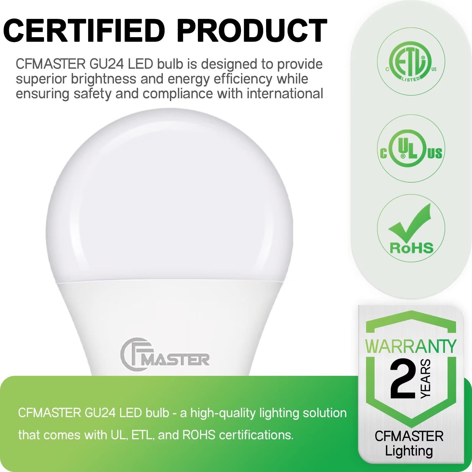 Cfmaster Gu24 Led Light Bulb, 5000K Daylight, 9W(100W Equivalent), 800 Lumens, A19 Shape Gu 24 Led Bulbs, Twist And Lock Gu24 Pi