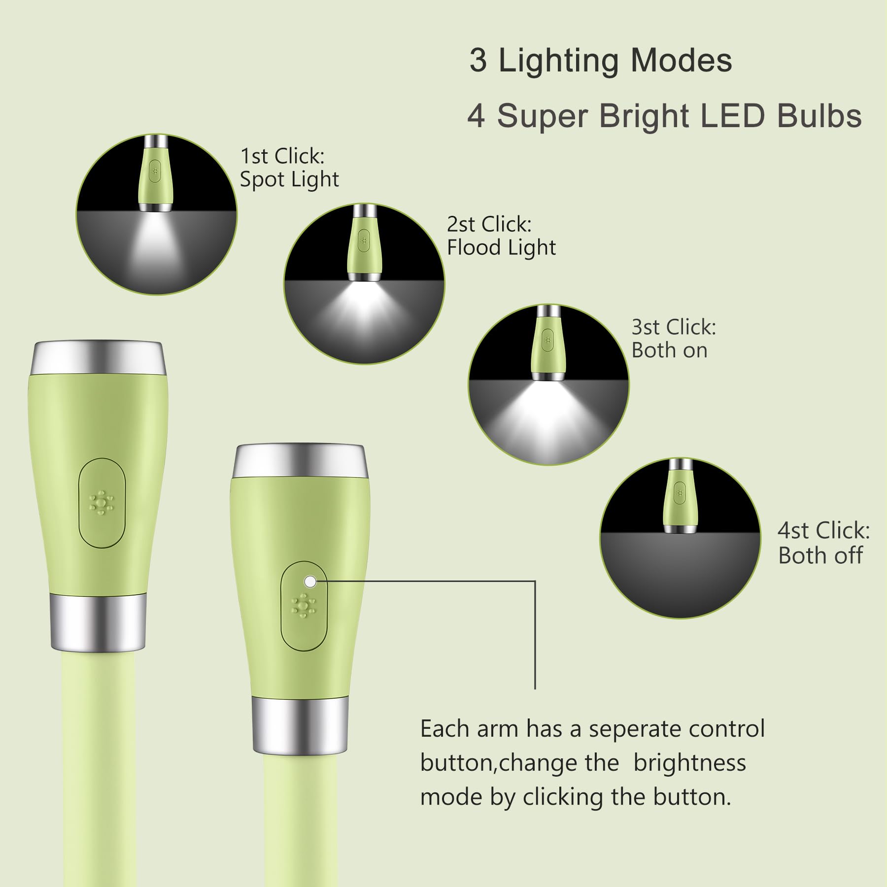 SingHong Neck Book Light - LED Reading Lamp, USB Rechargeable, 4 Brightness Levels, Small, Green, Model SHNBL-G03